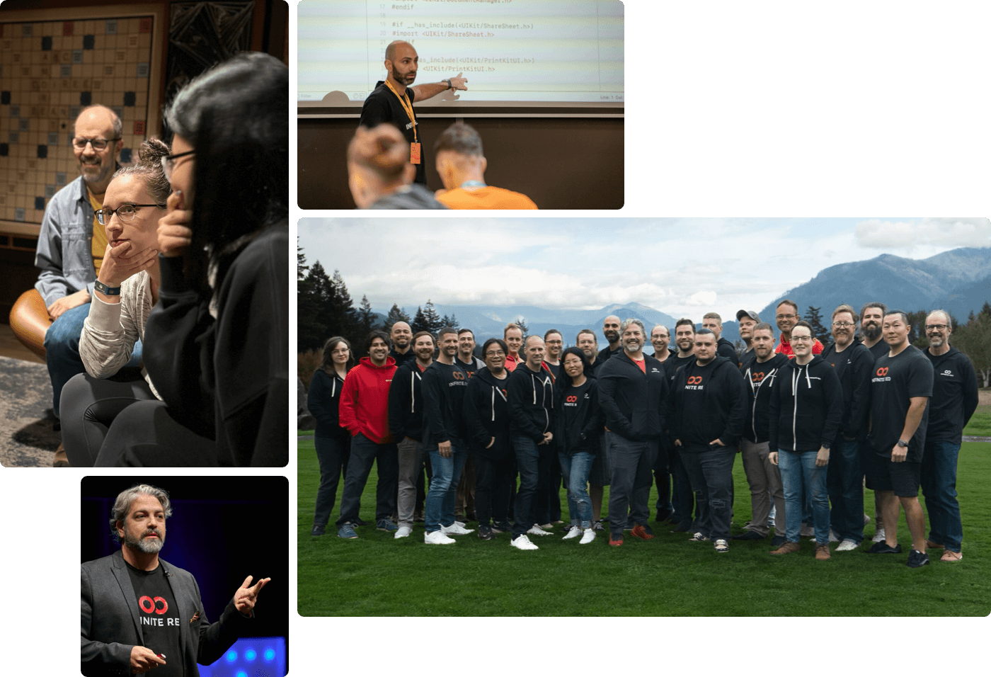 Collage of photos including a full team photo and others of a few people during past team retreats