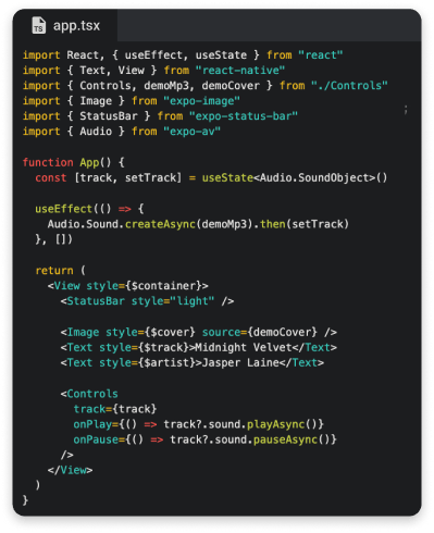 Screenshot of a React Native code snippet in app.tsx file, showing the use of hooks for audio functionality, importing modules from react-native and expo, and displaying UI components for playing audio tracks.