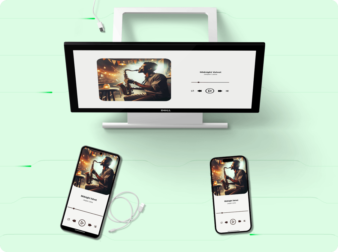 Graphic representation of Expo's cross-platform capabilities, displaying a consistent application interface on both a desktop monitor and two smartphones. The image showcases the adaptability of an app developed with Expo, maintaining visual and functional consistency across different devices and screen sizes.