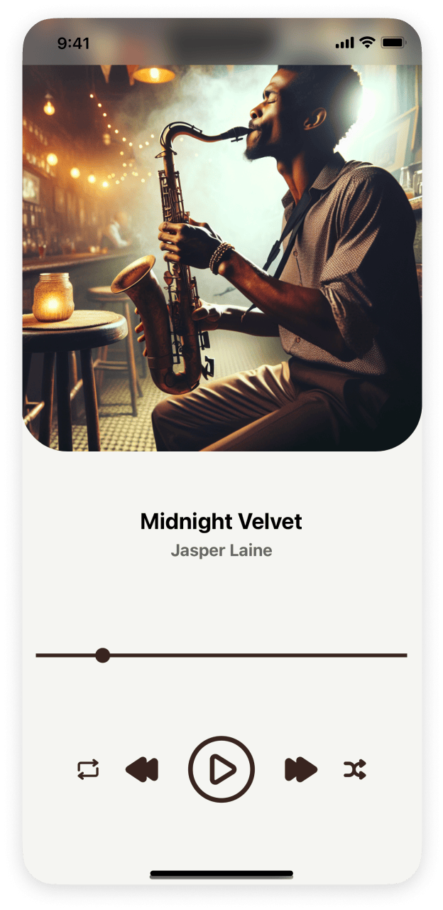 Mobile app screenshot displaying a React Native music player interface developed with Expo.