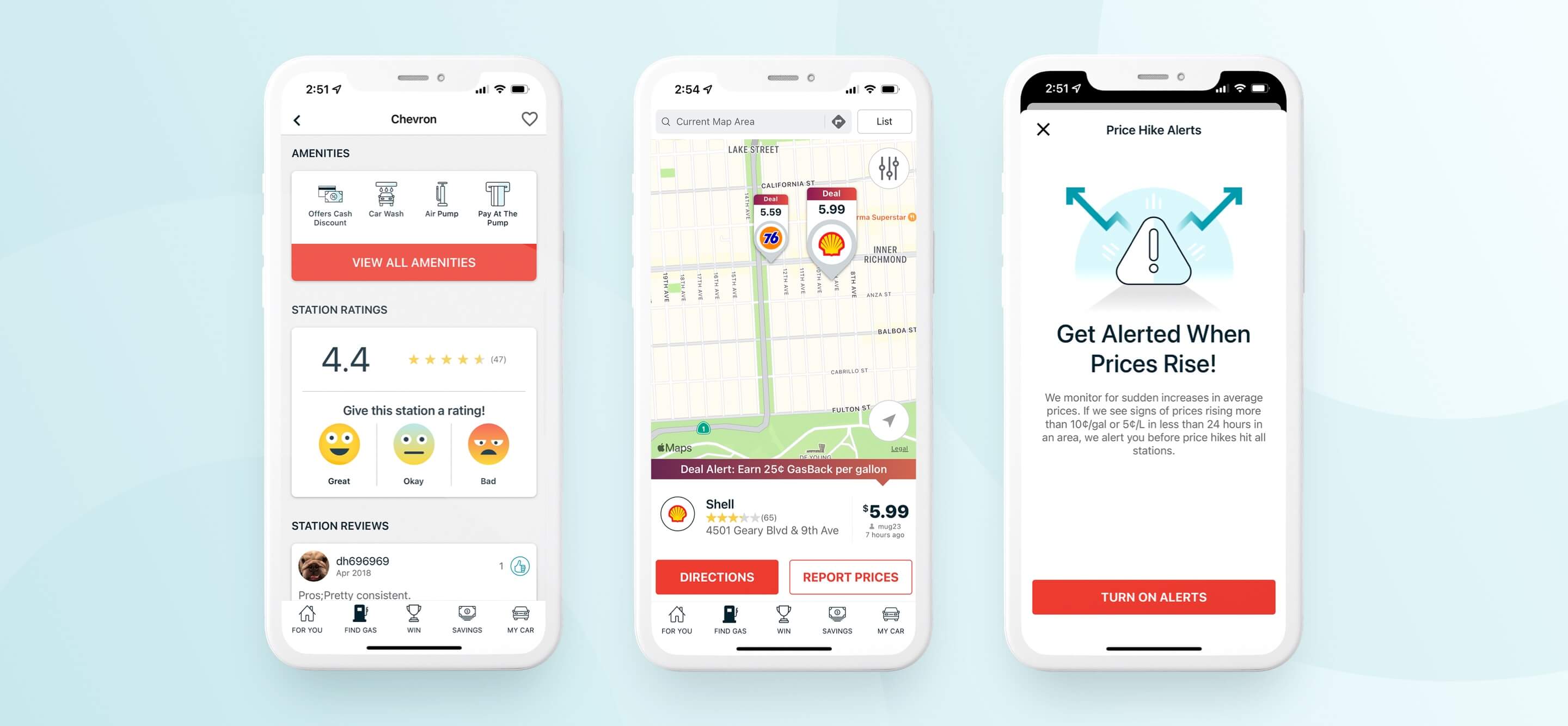 Three GasBuddy app screens showing station details, prices, and price alerts
