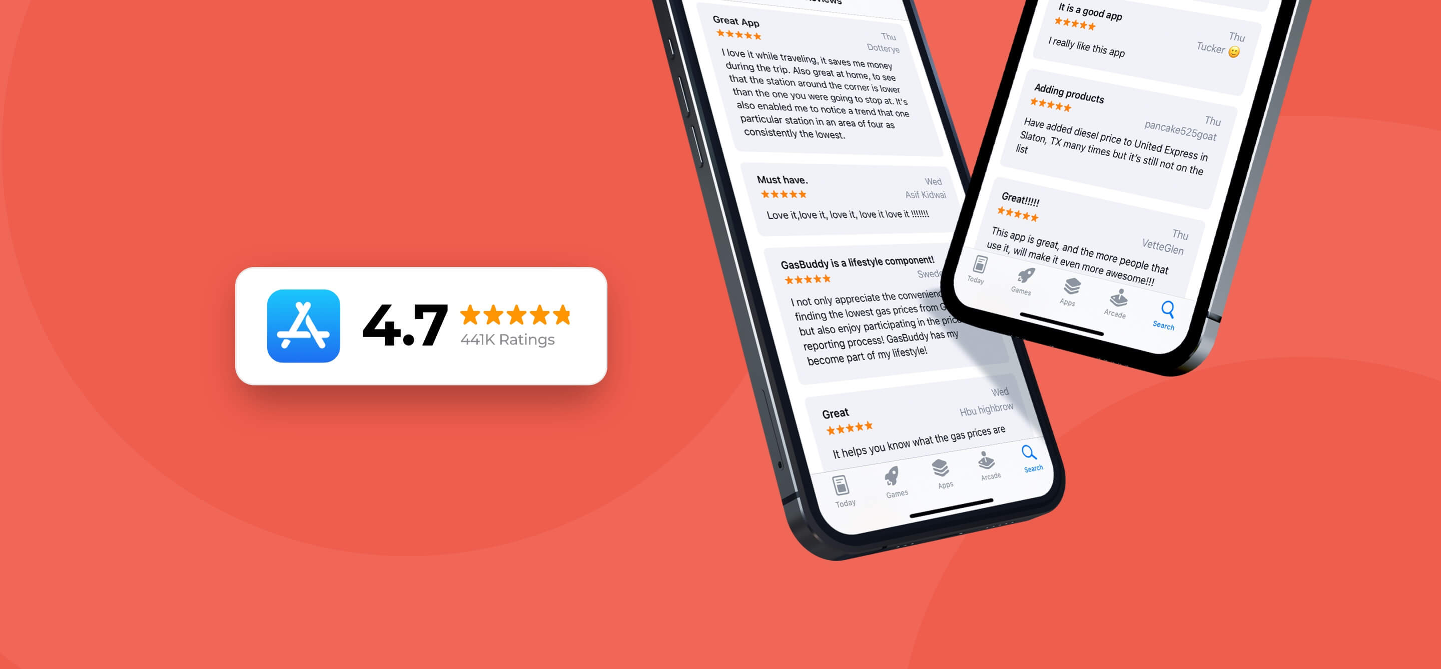 GasBuddy's 4.7 App Store rating and customer reviews