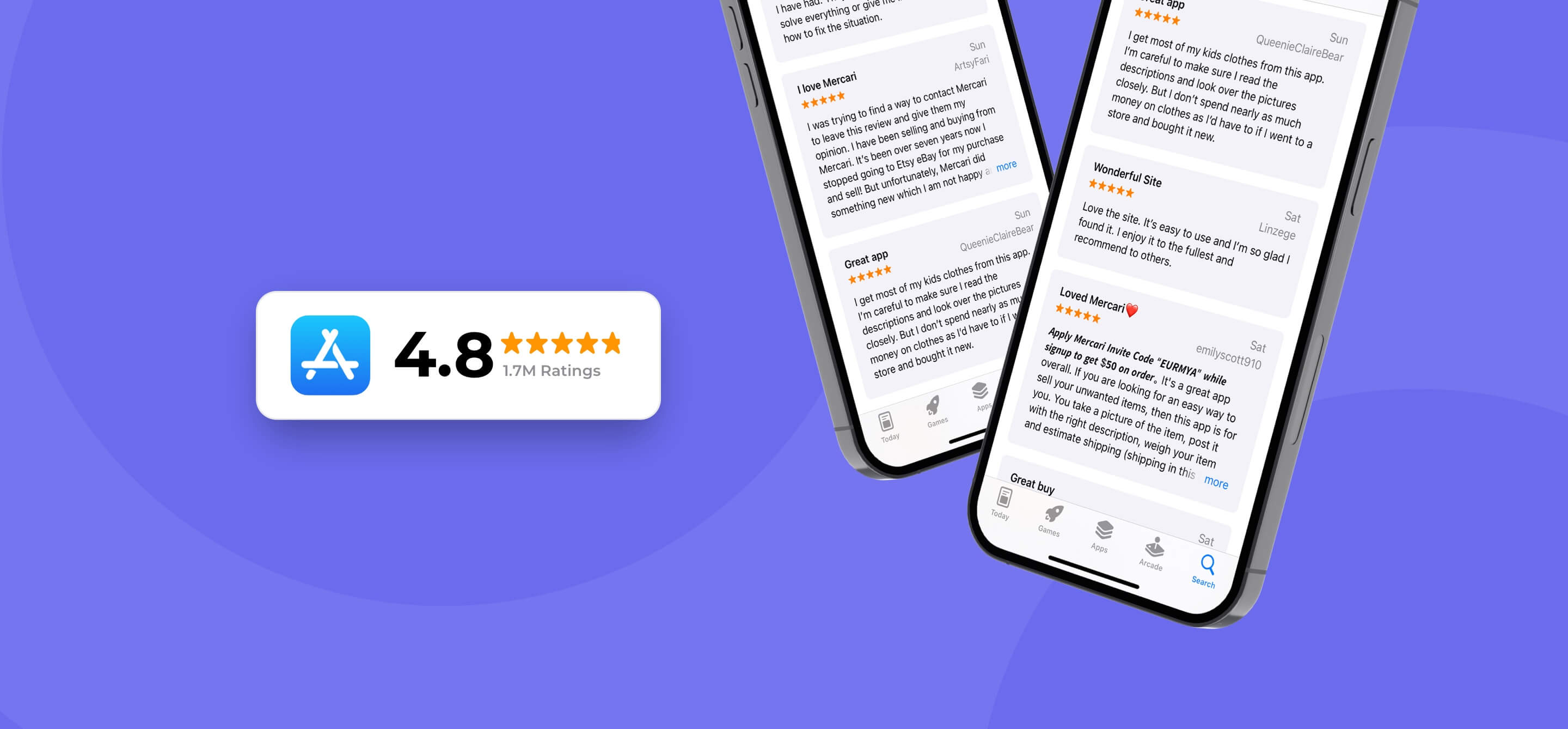 Mercari's highly rated app shown alongside customer reviews
