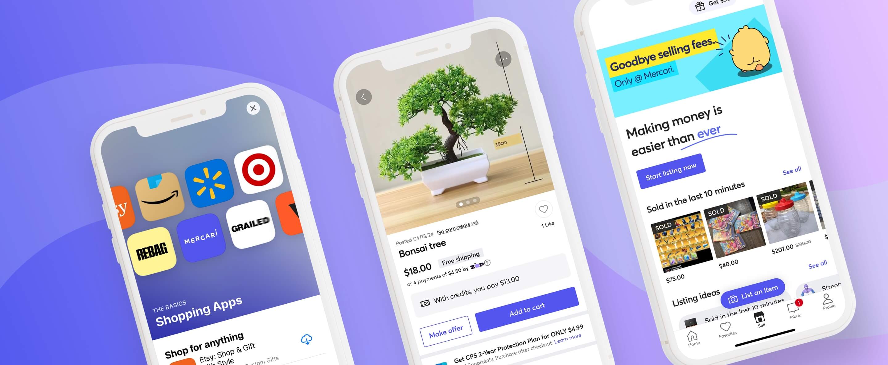 Three Mercari app screens showing shopping, product, and selling experiences