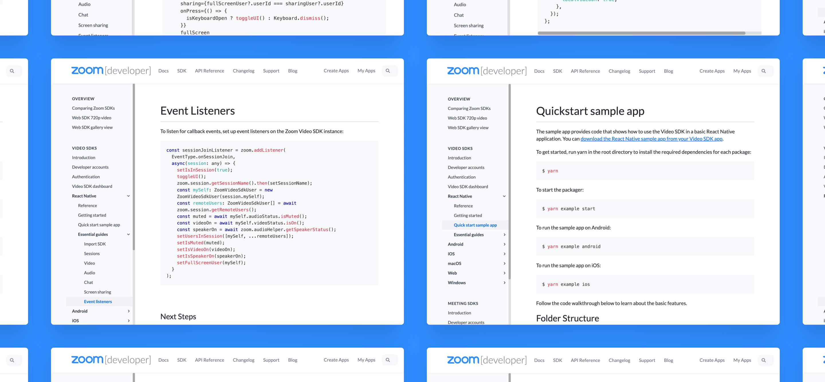 Zoom developer documentation and React Native sample code